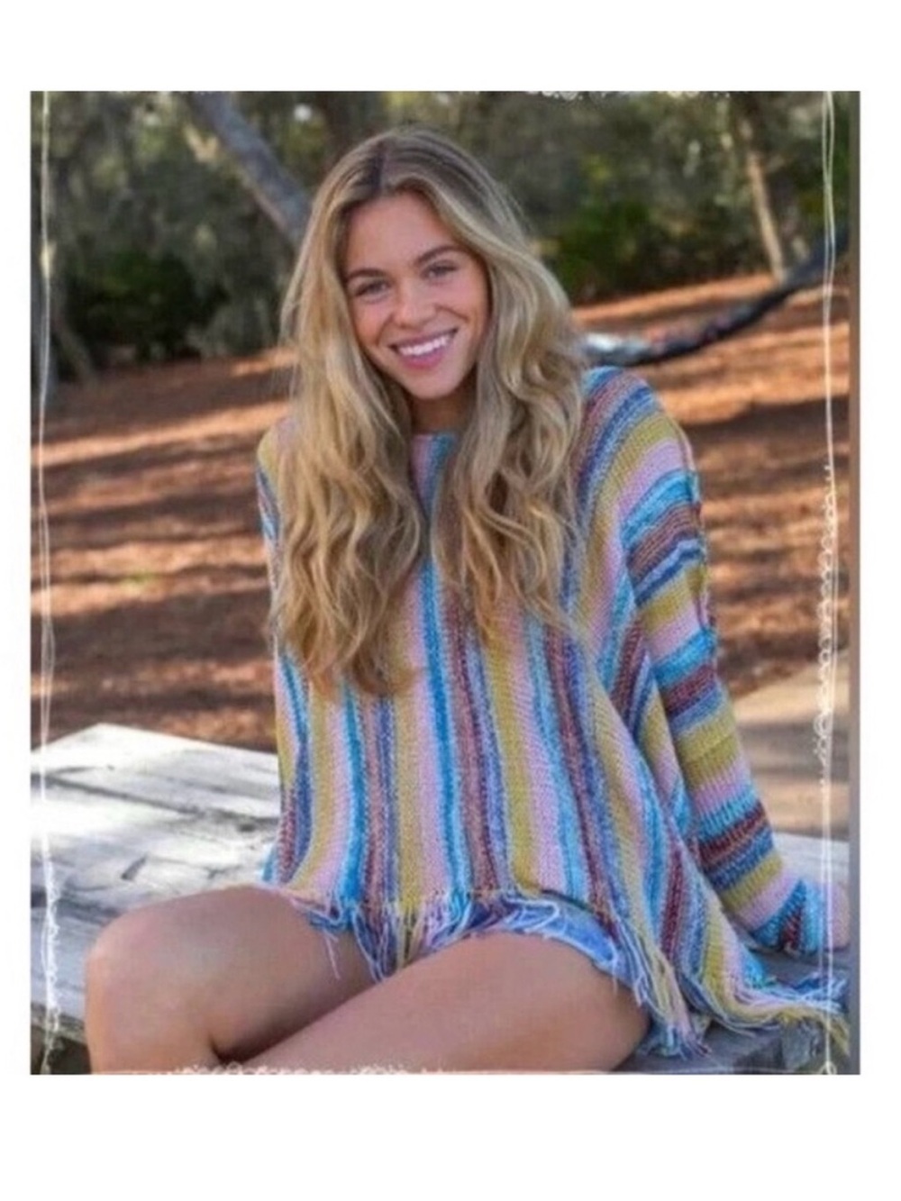 Natural Life Striped Soft Knit Fringe Poncho Sweater Oversized Small Medium